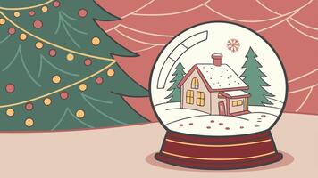 Stylish Christmas snow globe on the background of a Christmas tree in lights. vector
