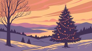 The illuminated Christmas tree in a landscape at sunset vector