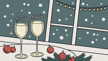 Two glasses of champagne on a table with christmas decoration and bokeh lights on the background vector