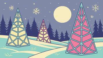 A cartoon illustration of three geometric trees in the snow vector