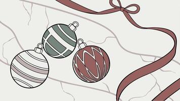 Top view background white marble countertop christmas baubles and ribbon with editorial space. vector