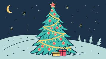 Christmas tree with presents and moon in the background vector