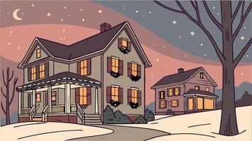 Traditional houses decorated with christmas garlands and lights at evening. vector