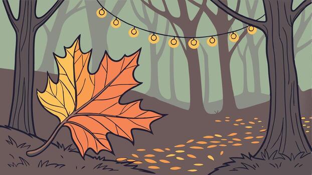 otoño hojas en el bosque con un cuerda de luces vector