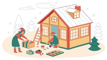 Santa's workshop in the North Pole. bustling with elves and toys. watercolor style. white background vector