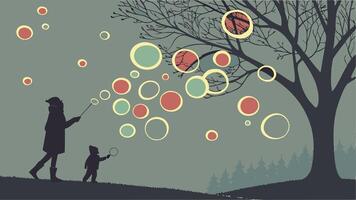 A woman and child are standing under a tree with bubbles vector