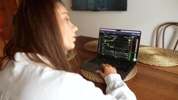 Carefully Analyzing Stock Trends on a Laptop in a Modern Workspace Environment Today video