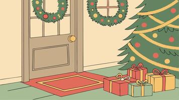 A cartoon of a christmas tree and presents in front of a door vector
