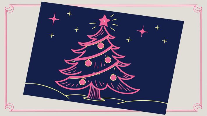 Christmas card with bright shiny neon color digital Christmas tree on dark background