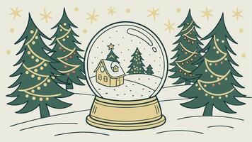 Christmas card with golden snow globe and christmas trees in the background vector
