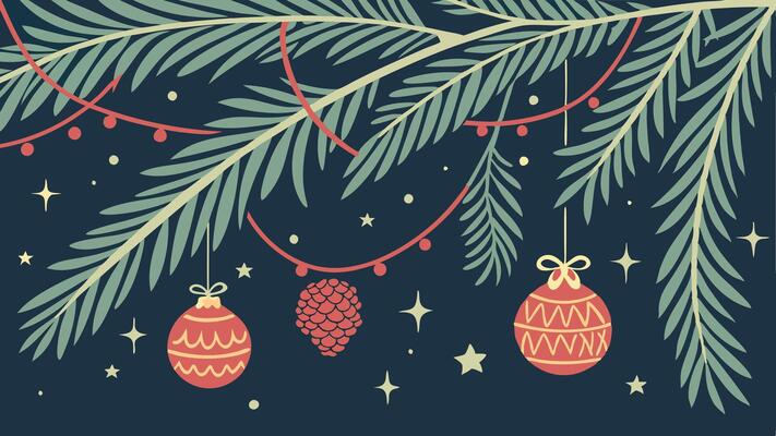 Christmas card with fir branches and decorations on dark background