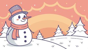 A cartoon snowman in a hat and scarf standing in the snow vector