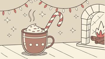 A cup of hot chocolate with a candy cane in front of a fireplace vector