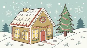 Christmas house made from ginger cookies with in Christmas spirit with tree in background vector
