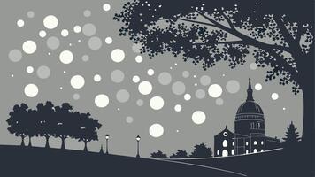 A silhouette of a church and trees at night vector