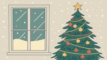 Christmas tree and window in winter scene vector