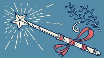 Christmas Magic wand with sparkle on blue background. Miracle magical stick Wizard tool on hot blue. vector