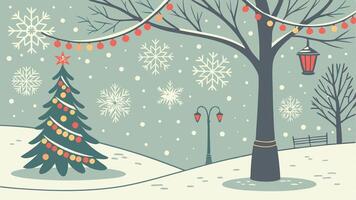 Christmas tree and snow covered street with lights vector