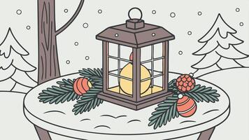 Christmas Lantern On Snowy Table With Fir Branches And Ornaments vector