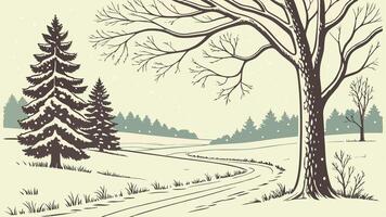 Christmas card background vintage nostalgic a snowy landscape with trees and a snow covered field vector