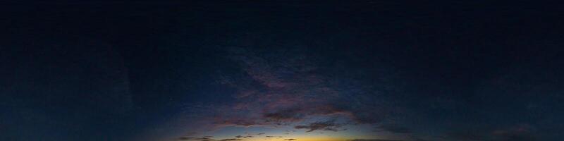 Dark blue sky panorama after sunset with Cirrus clouds. Seamless hdr 360 pano in spherical equirectangular format. Complete zenith for 3D visualization and sky replacement for aerial drone panoramas photo