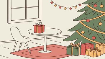 Christmas background with white table. christmas gifts and tree with copy space vector
