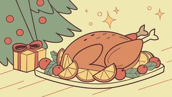 Christmas fried cooked duck with fruits and potatoes on a stewed background. christmas concept vector