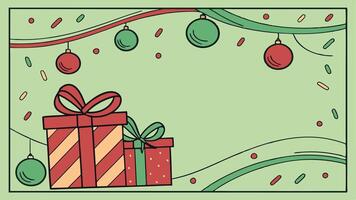 Christmas frame with gift boxes. holaday decorations and confetti on green background. vector