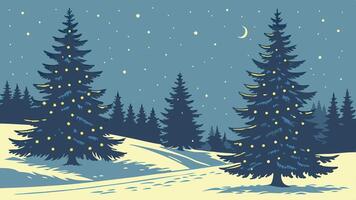 Beautiful illustration of a christmas landscape with trees at night illuminated by warm light vector