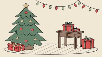 Beautiful christmas background with wood table ornaments and christmas tree with copy space vector