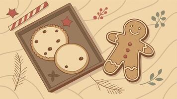 Christmas composition. frame with ginger snap. cookie and gingerbread. on brown wooden background. vector