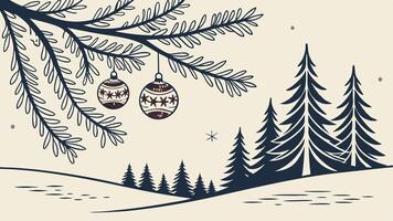 Christmas composition with snow and spruce branches and Christmas tree baubles. vector