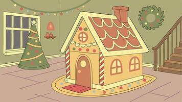 Christmas gingerbread house in a decorated room with highlights. vector