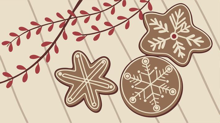 Christmas gingerbread cookies on a wooden background. Decorated with snowflakes and garlands.