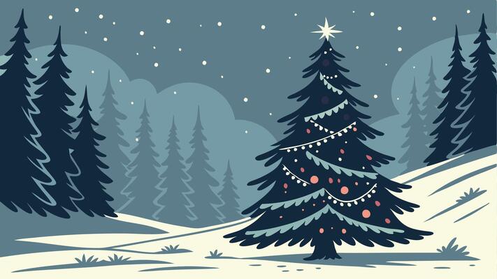 Beautiful christmas tree at night in the winter forest with stars and copy space