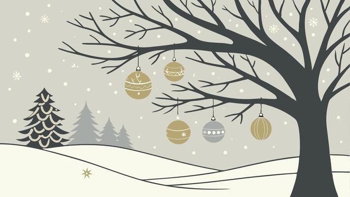 Christmas background with gold and silver christmas ornaments in the snow