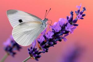 A white butterfly is perched on a purple flower photo