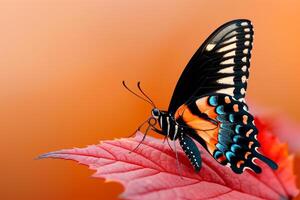 A black and orange butterfly sits on a red leaf photo