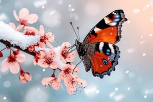 A butterfly is sitting on a branch with snow falling photo