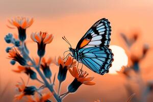 A butterfly is sitting on a flower with the sun in the background photo