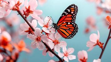 A butterfly is perched on a branch of a cherry tree photo