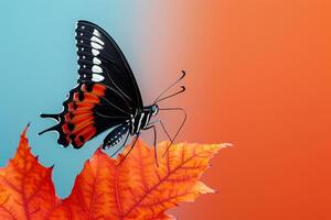 A black and red butterfly on a red leaf photo