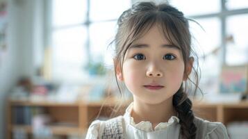 Portrait of asian little girl in school uniform looking at camera photo