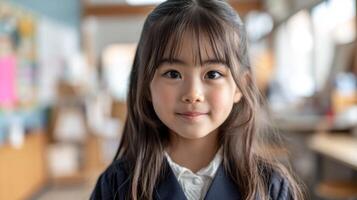 Portrait of cute asian little girl in cafe, shallow depth of field photo