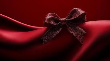 A red satin background with a red bow on it photo