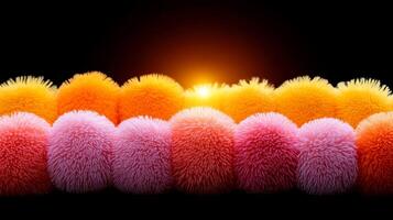 A group of pink and orange pom poms on a black background photo