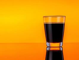 A shot glass of dark beer on an orange background photo