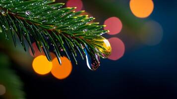 A close up of a pine tree branch with water droplets on it photo