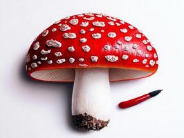 A red and white mushroom with a red pen next to it photo