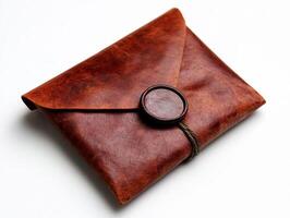A brown leather envelope with a ring on it photo